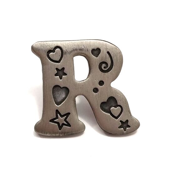 Pin Brooch "R" Metallic Gray With Hearts & Stars #J005 - Picture 2 of 5